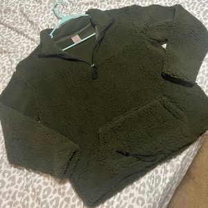 Olive green fleece, pullover half-zip. Size Large.